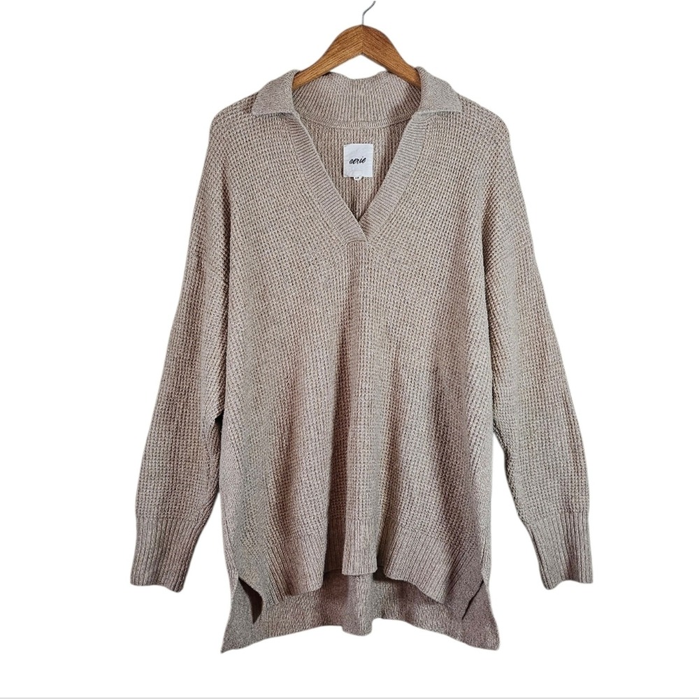Aerie Waffle Knit V-Neck Collared Oversized Pullover Sweater Tan Size S Cozy